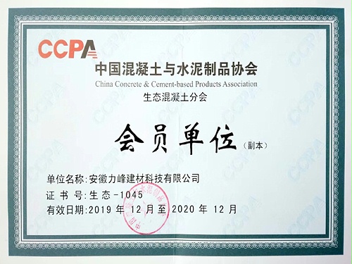 中国混泥土与水泥制品协会会员单位证书